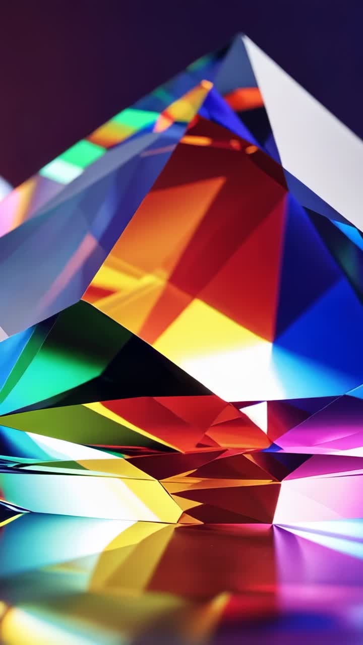 Vertical video: Cut crystal prism rotating on glass table in studio, showing colorful refractions