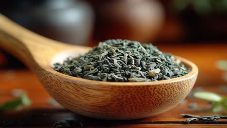 green tea in a wooden spoon