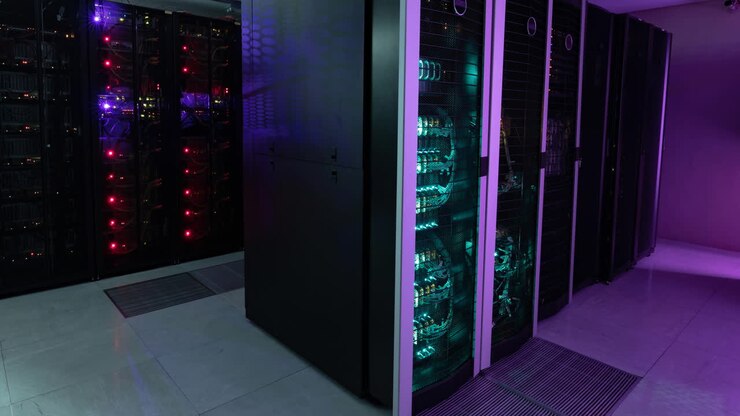 Video of empty corridor with rows of green and red in computer servers
