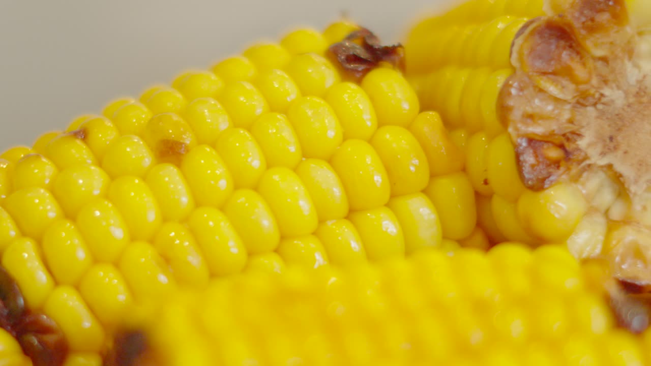 Moving Close Up of Corn on the Cob After Cooking with Charred Pieces of Sweetcorn on the End. Plant Based Natural Organic Farm Grown Food. Nutritious Healthy Vegetable