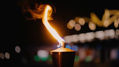 a torch burns on the beach at night