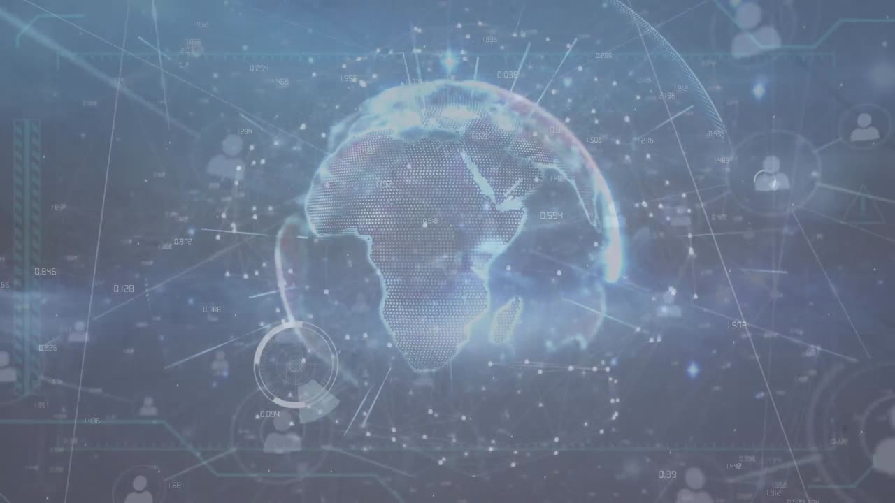 검은 바탕에 전 세계에 있는 아이콘으로 연결된 네트워크의 애니메이션