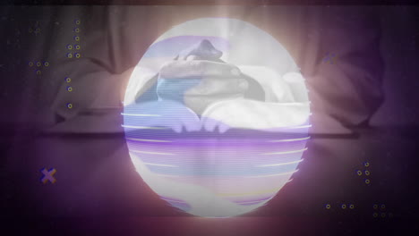 inside glowing sphere, hands clasped with digital animation and purple hues