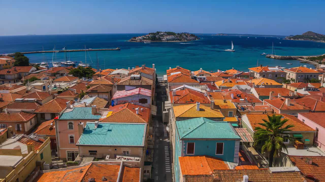 Drone moving forward over colorful tiled roofs and narrow street, revealing marina and island