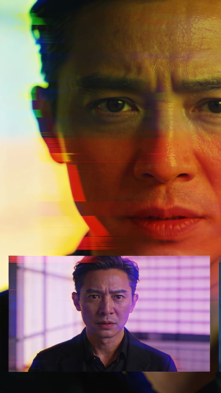 Vertikal video: Reagerende asiatisk mand i studie indsnævrer blikket, nærbillede og PIP viser RGB-glitching.