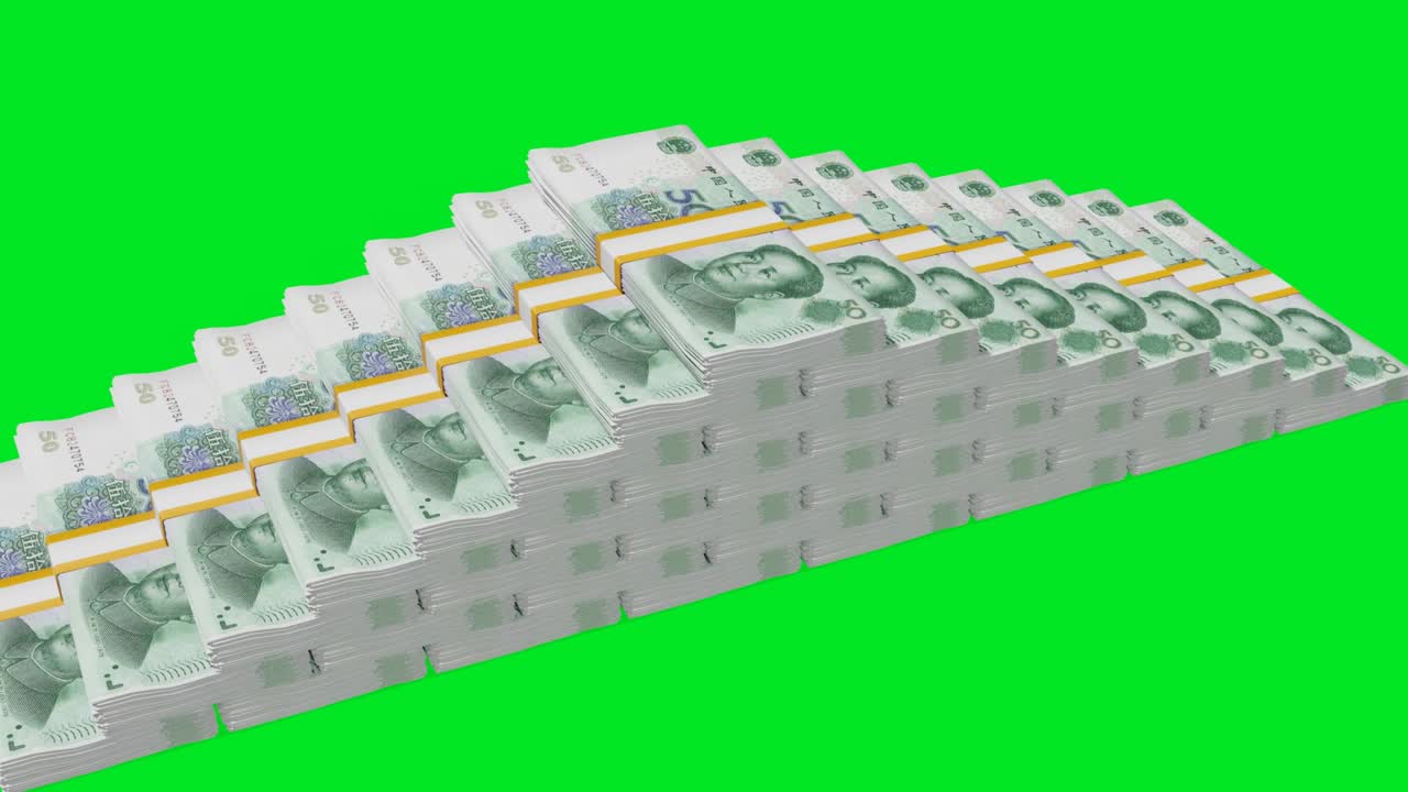 Many wads of money  chromakey background. 50 Chinese Yuan banknotes. Stacks of money.