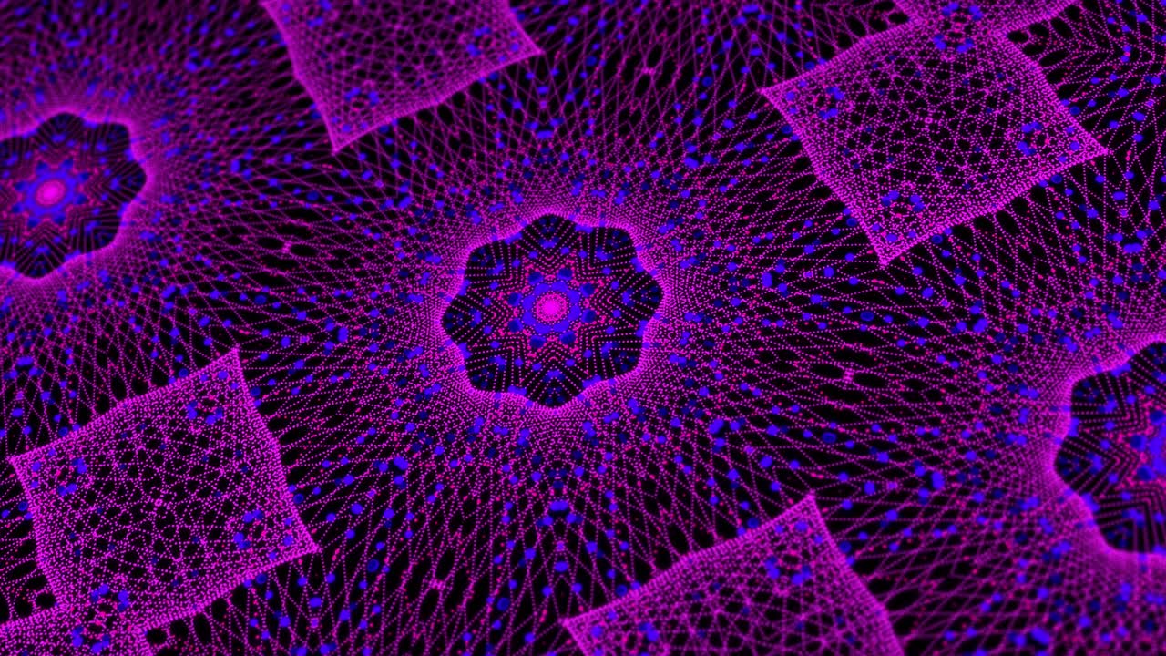 4k multicolored floral particles grid motion graphics concept. Kaleidoscopic background for yoga, meditation, fitness, clubs etc. Abstract seamless loop modern digital mandala fractal animation