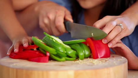 Mädchen-Mit-Ihrer-Mutter-Bereitet-Sich-Darauf-Vor,-Eine-Paprika-Zu-Schneiden