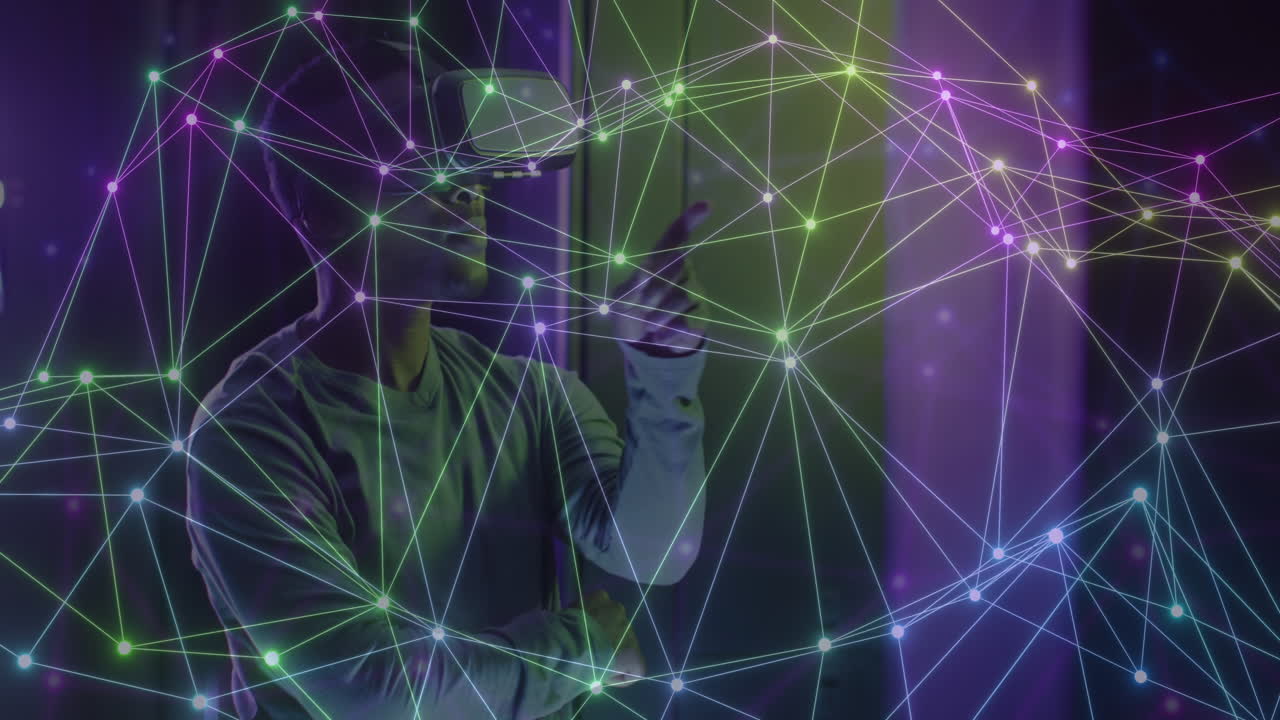 Animation of network of connections over african american man using vr headset