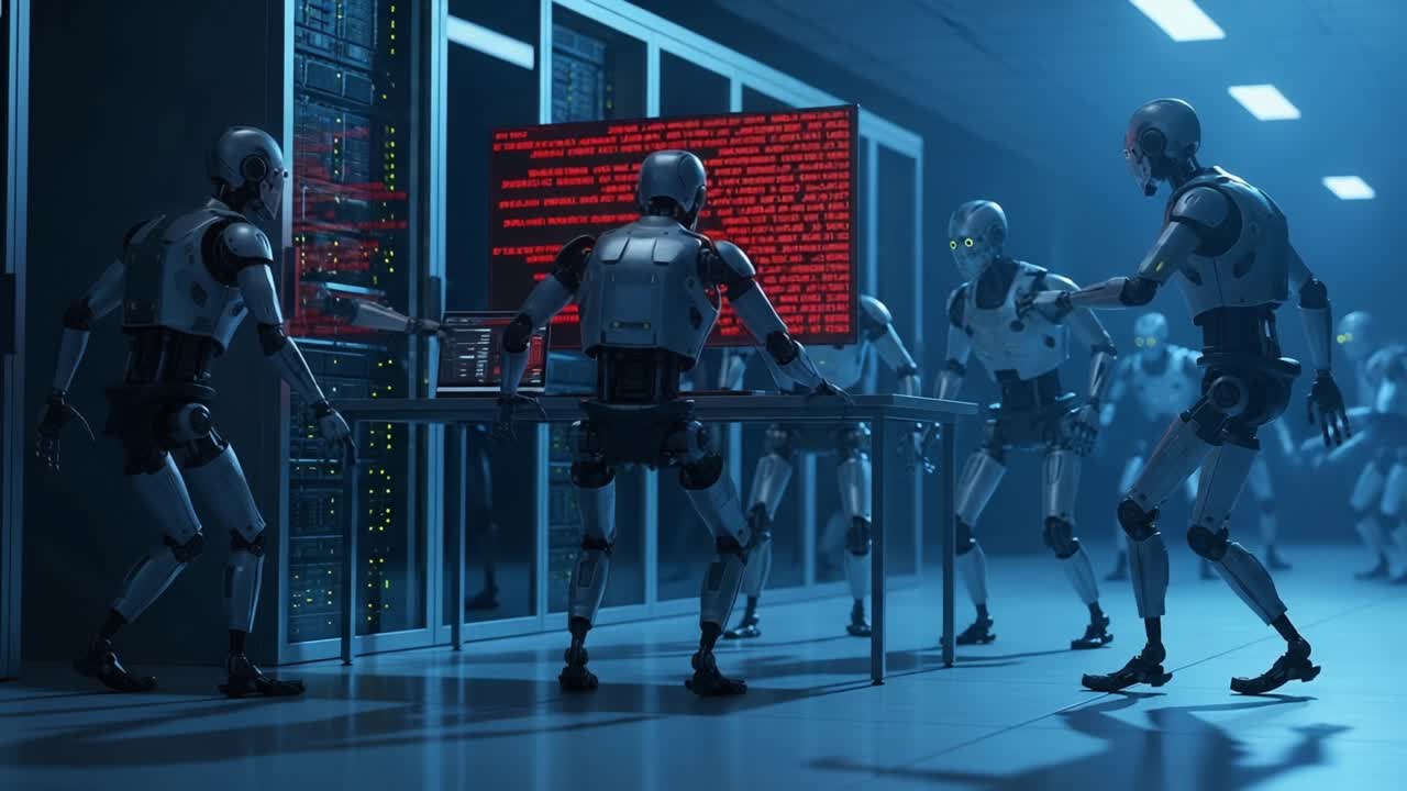 A group of advanced humanoid robots collaborates intensely in a futuristic server room, analyzing data and communicating insights amidst glowing screens and complex digital environments