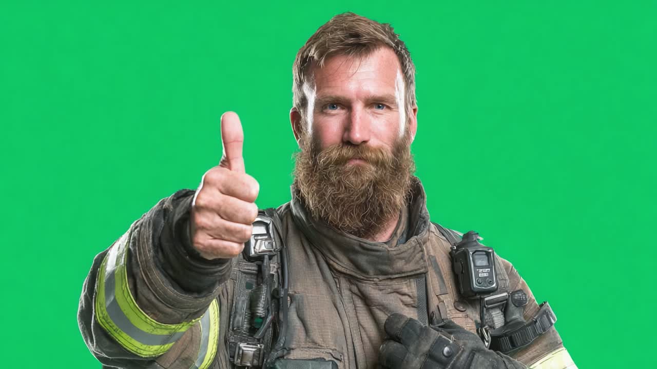 A Confident Firefighter Giving a Thumbs Up, Showcasing Resilience and Community Service in Full Gear Against a Green Screen Background