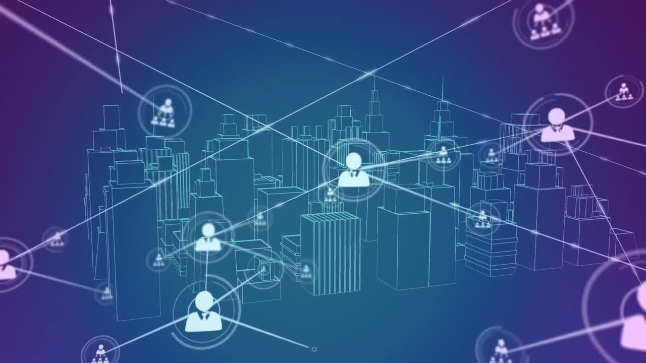 Animation of network of connections with icons over digital city model on blue background