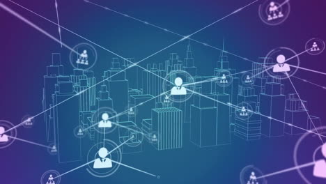 animación de la red de conexiones con íconos sobre modelo de ciudad digital en fondo azul