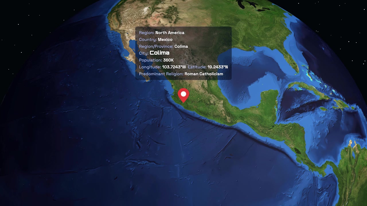 Digital globe rotates and zooms from space into Colima Mexico with location data overlay