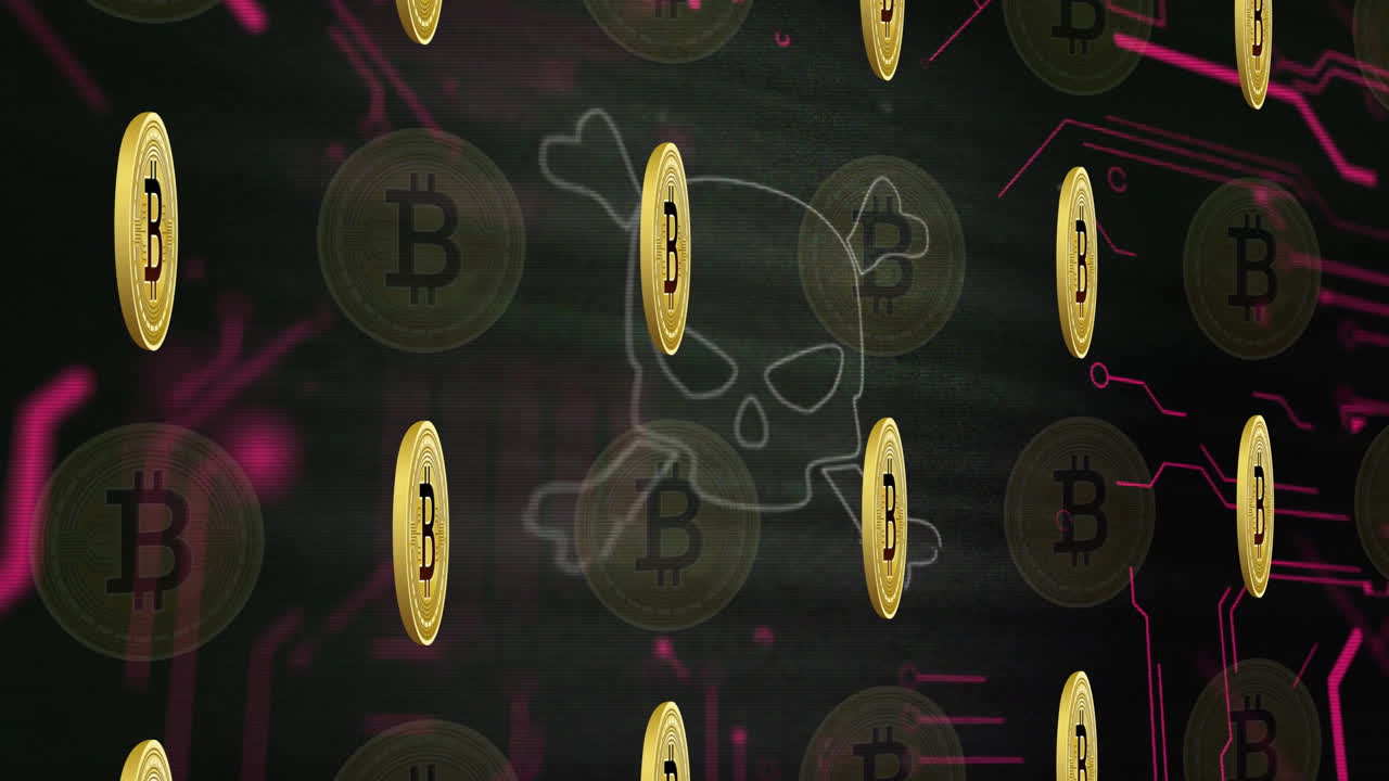 Floating gold coins with Bitcoin symbols on dark animation background