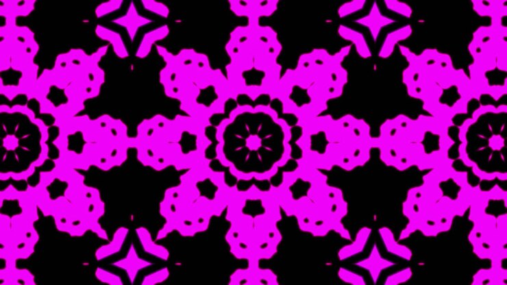 Abstraktní fialové geometrické bezešvé pozadí se vzorem. Smyčka abstraktního pruhovaného kaleidoskopu. Rychlé psychedelické barevné VJ pozadí s kaleidoskopem. Disco abstraktní pohyblivé pozadí. Kaleidoskopický efekt.
