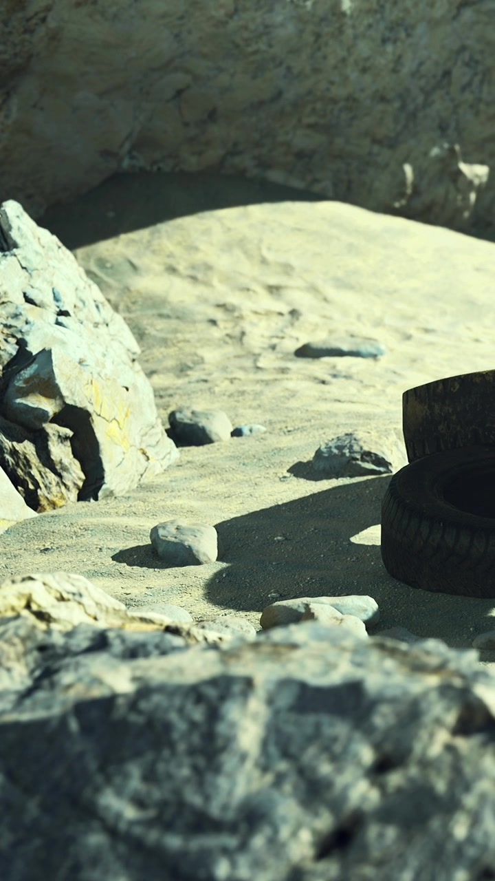 Vista di rocce e uno pneumatico su una superficie sabbiosa in un'area desertica durante il giorno