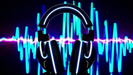 auriculares de neón en un fondo de ondas sonoras
