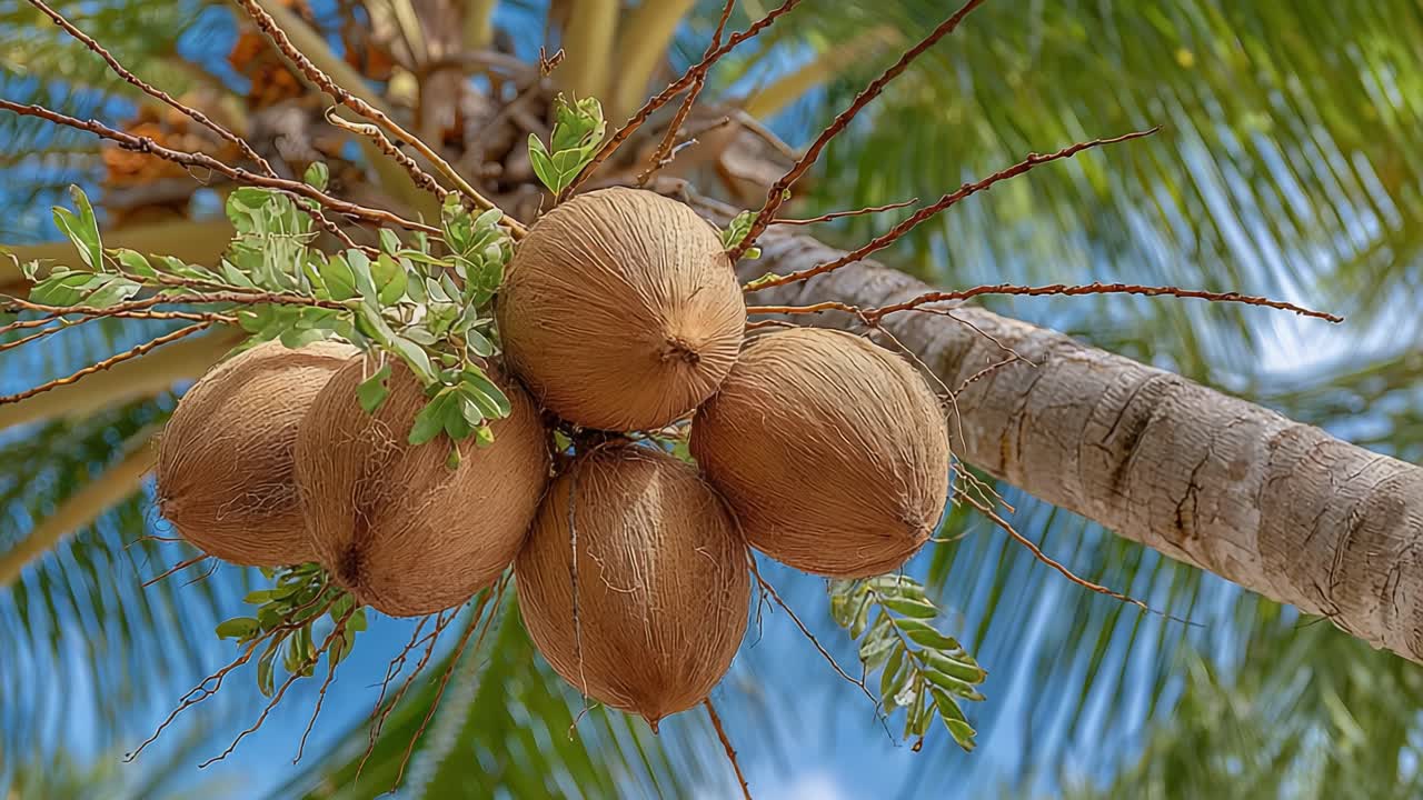 A Close-Up View of Coconut Clusters Hanging from a Tropical Palm Tree with Lush Green Leaves Against a Bright Blue Sky