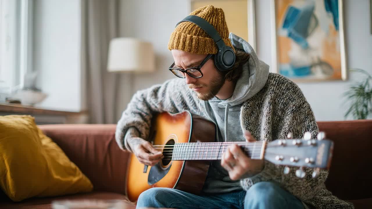 Uomo che suona la chitarra in un accogliente salotto con le cuffie