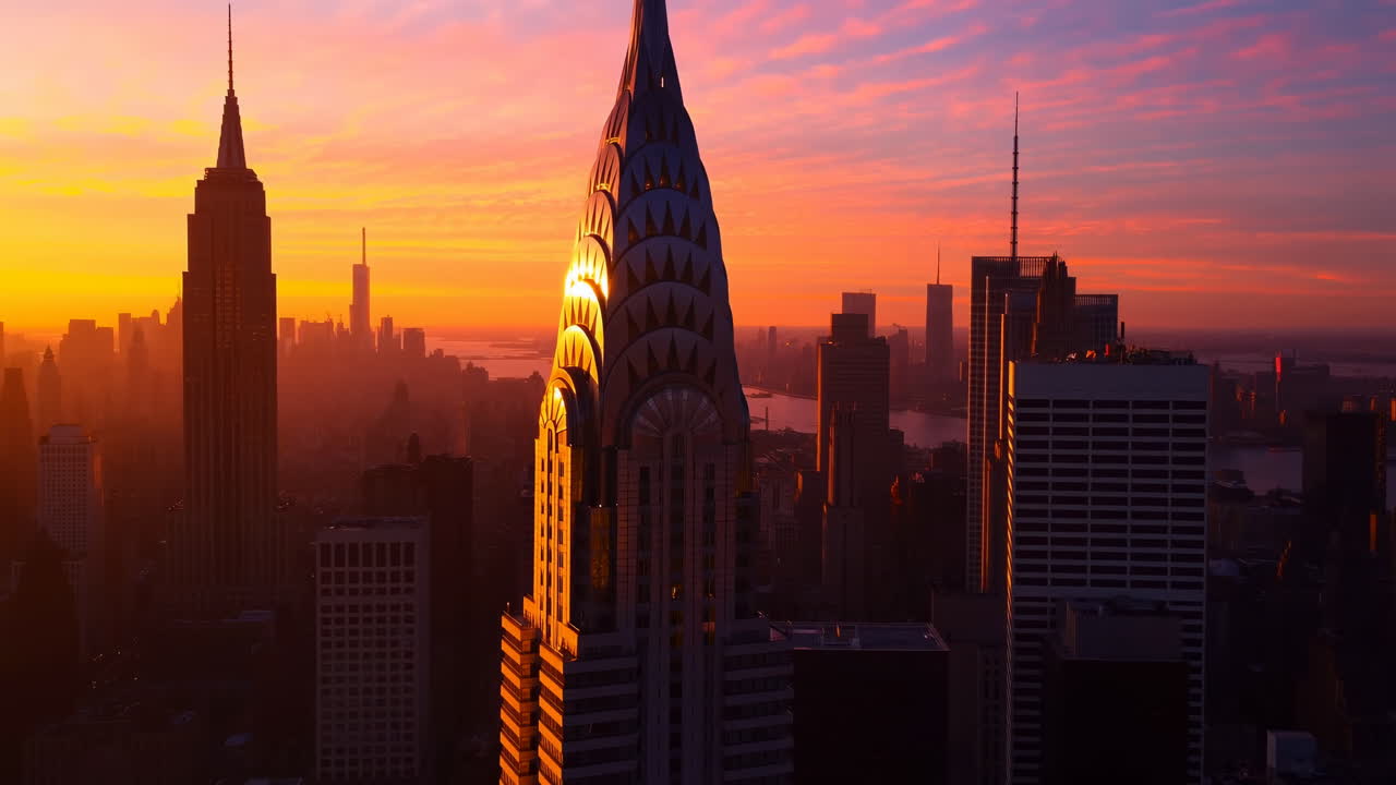 Horizonte de Nova York com o Edifício Chrysler e o Empire State Building ao pôr do sol
