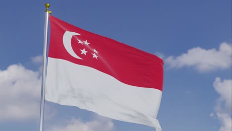 flag of singapore moving in the wind with a clear blue sky in the background, clouds slowly moving, flagpole, slow motion