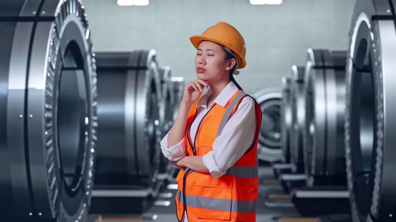 안전 헬을 착용 한 아시아 여성 엔지니어 의 측면 뷰 는 생각 하고 주위를 둘러보며 금속 공장 에 서 있는 동안 지표손가락 을 들어 올리고 있다