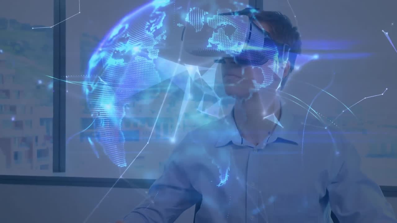 Businessman wearing a virtual reality headset in the office