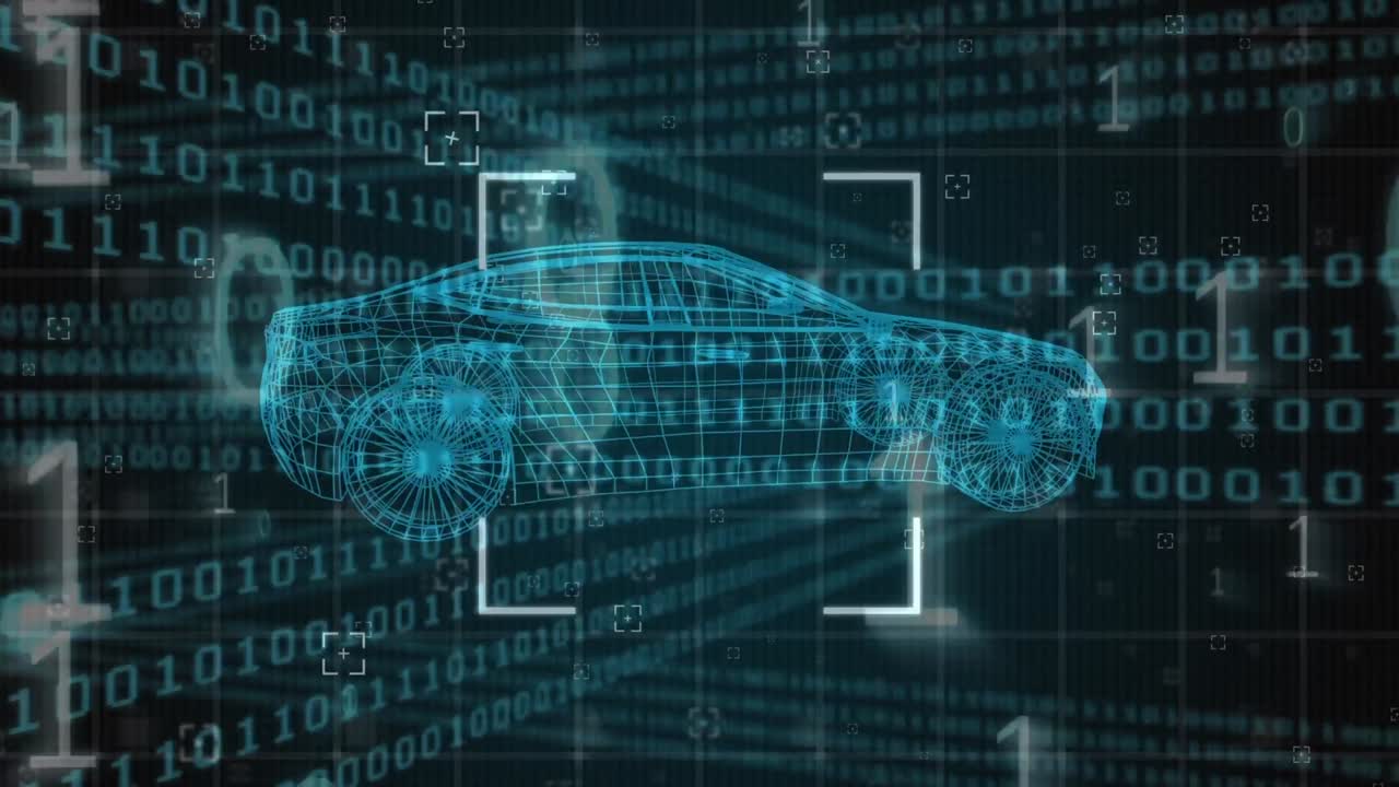 animación de codificación binaria y modelo digital de automóvil sobre fondo negro