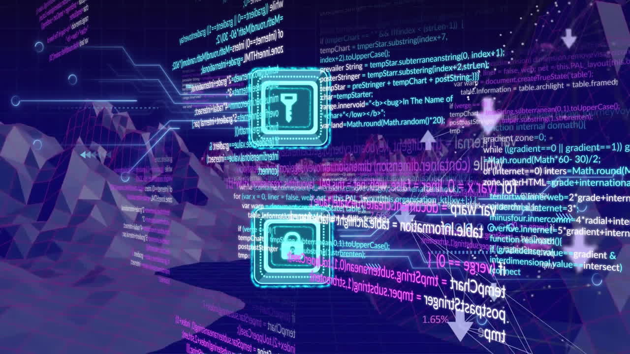 Animation of key and padlock and data processing over dark background