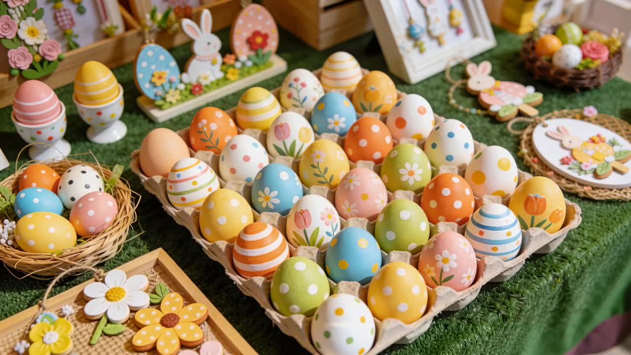 Panning camera revealing carton filled with pastel eggs on grass cover, showcasing craft display