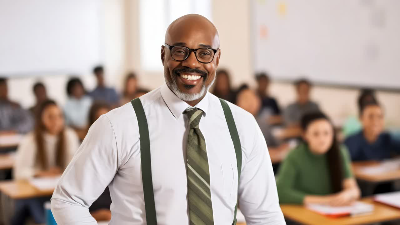 A confident teacher smiles at the camera in a classroom setting