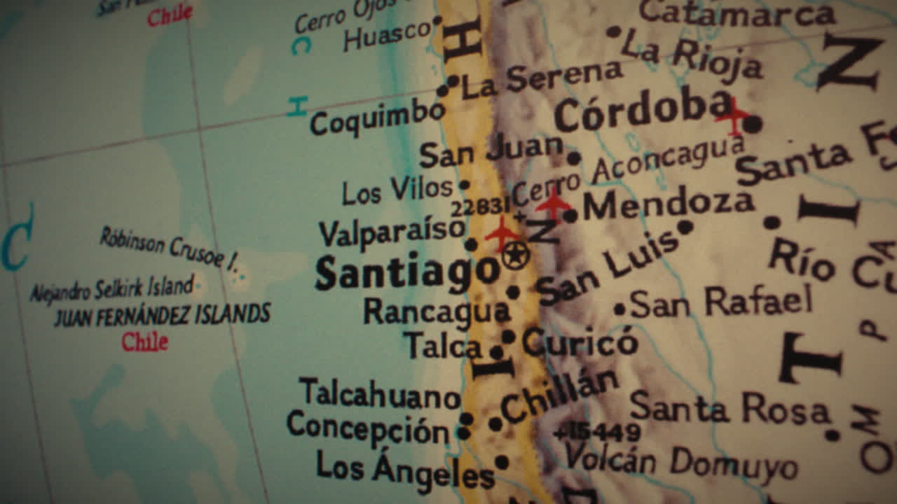 Close-up of a map showing parts of Chile and Argentina