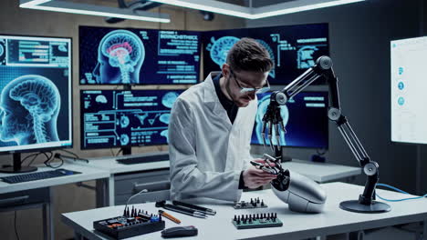 scientist working on a robotic arm in a high-tech laboratory