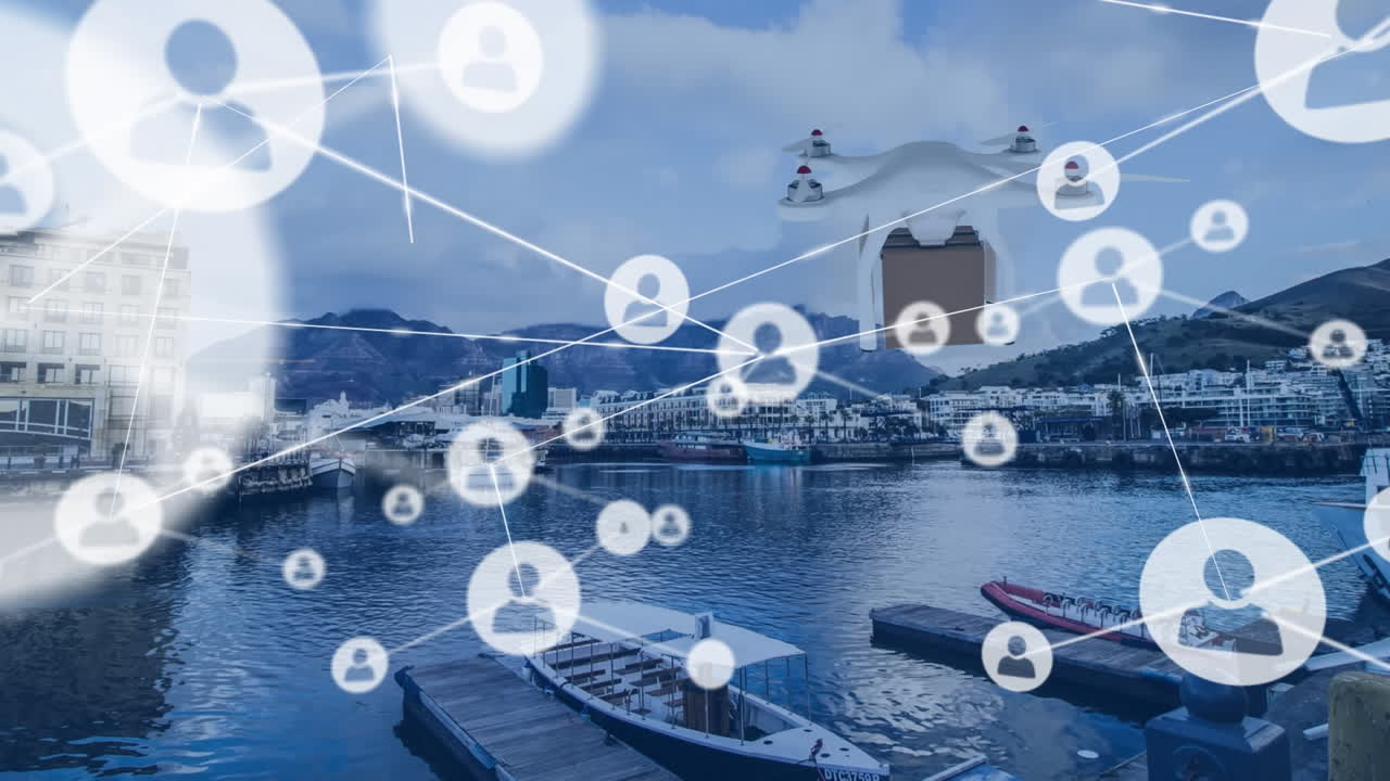 패키지를 운반하는 드론을 통해 아이콘으로 연결된 네트워크의 애니메이션