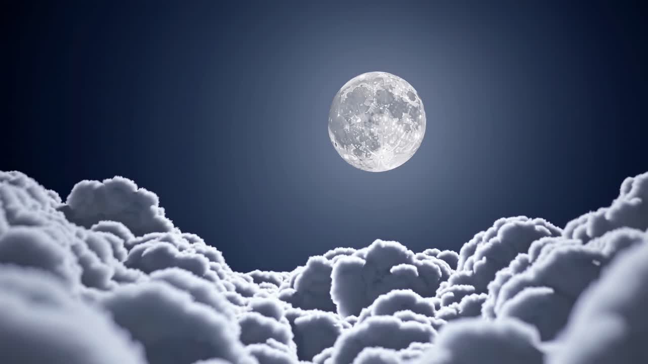 A serene video scene with a low-angle view of a full moon illuminating fluffy clouds