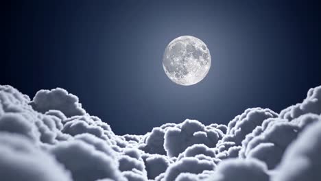 A serene video scene with a low-angle view of a full moon illuminating fluffy clouds