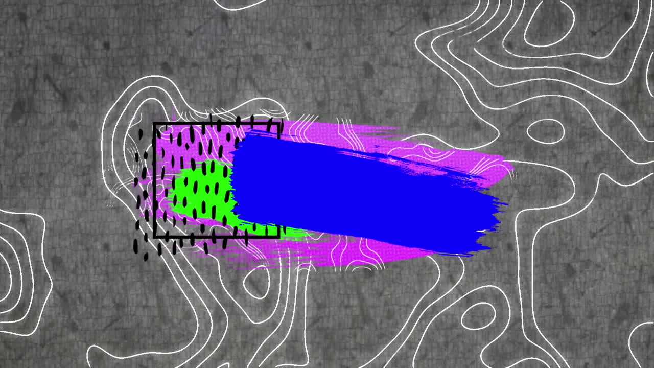 animación de marcas de pintura abstracta rosa, azul y verde, sobre líneas de contorno en movimiento, en gris