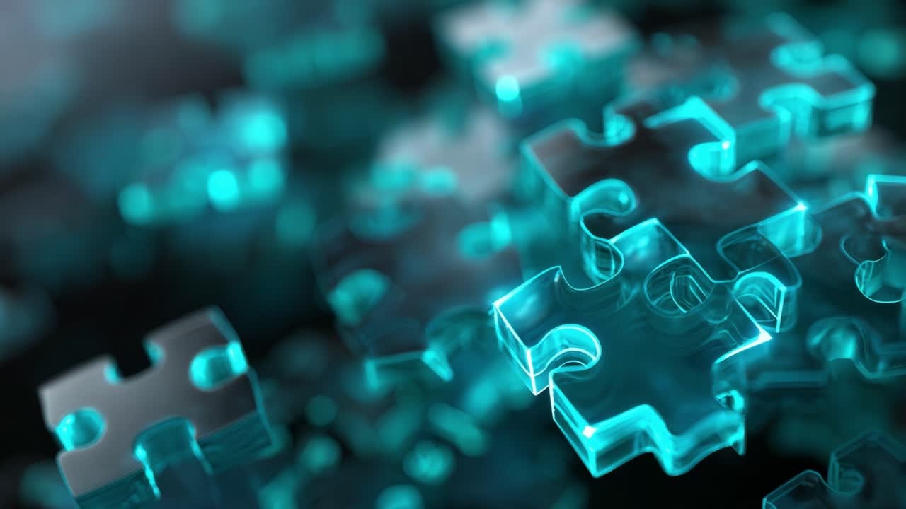 Glowing transparent jigsaw puzzle piece moving slowly among others in a high tech, abstract environment, representing concepts of problem solving, connection, innovation, and teamwork