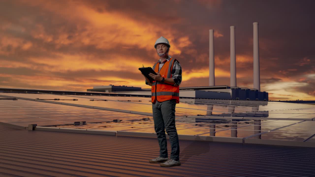 Helkropsbillede i profil af asiatisk mandlig ingeniør med sikkerhedshjelm, der noterer på en tablet og ser sig omkring, mens han står og inspicerer solpaneler på taget ved solnedgang.