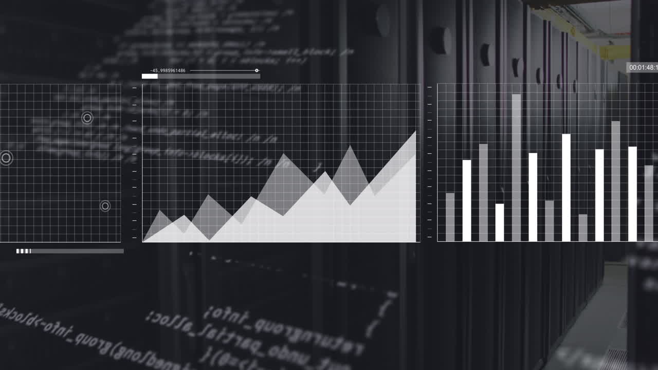 gráficos blancos, gráficos y procesamiento de datos en la habitación del servidor de la computadora oscura