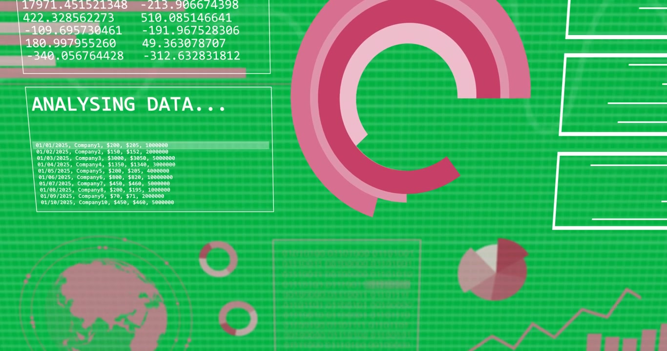 Animation of graphs, charts and financial data processing on transparent background