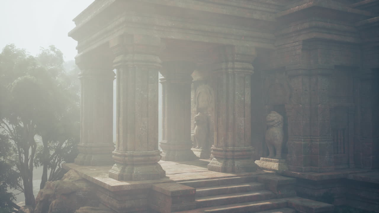 antiguo templo de piedra en una selva de niebla