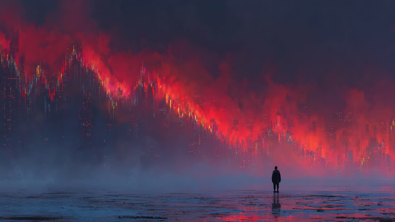 A solitary figure stands against a dramatic backdrop of fiery colors and abstract patterns, symbolizing an emotional landscape in a captivating visual journey