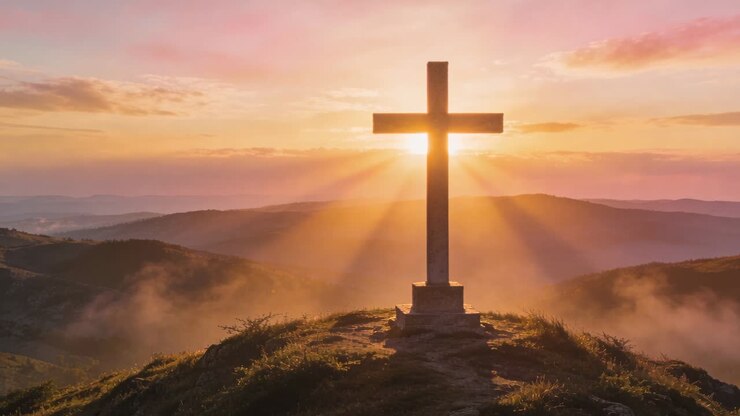 Sole che sorge dietro una croce, proiettando raggi attraverso il braccio e illuminando la nebbia per un design spirituale
