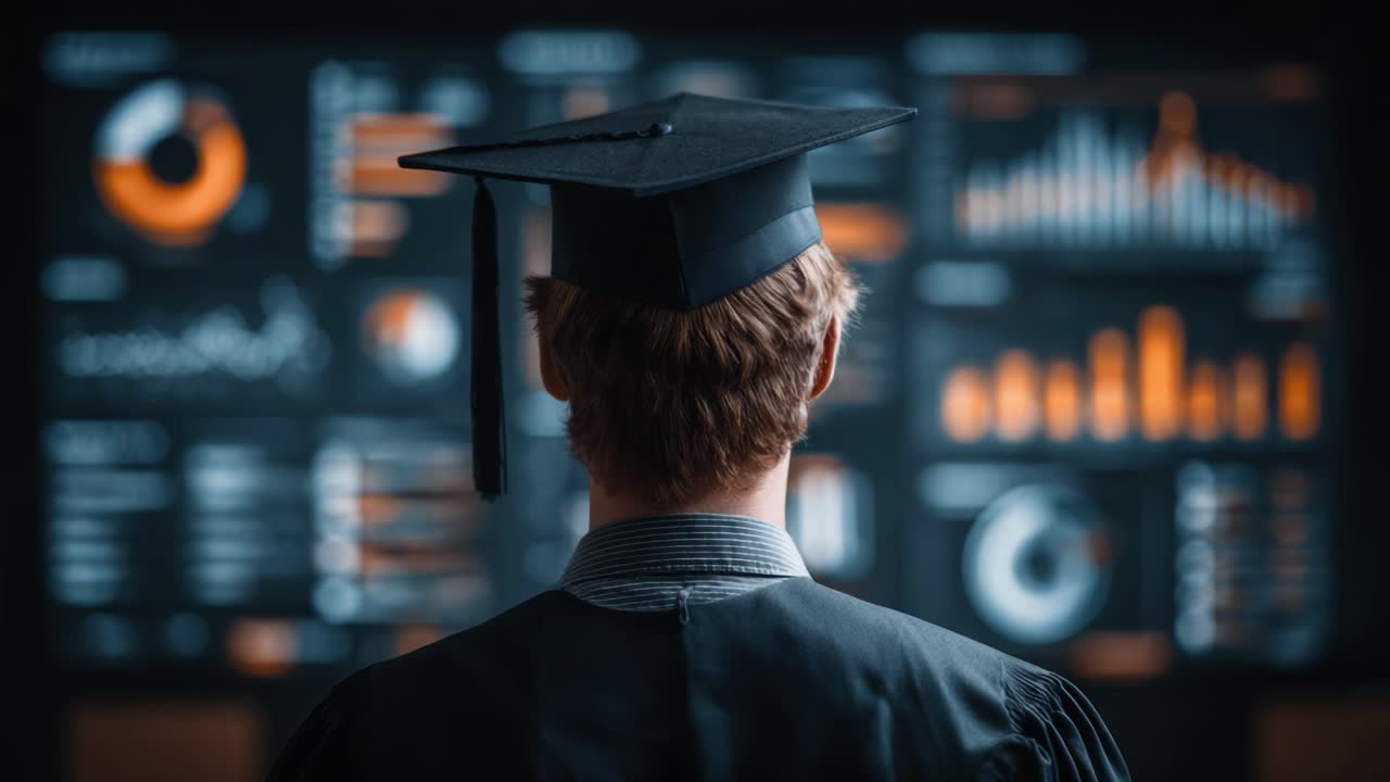 A proud graduate stands before an engaging display of data visualizations, symbolizing the transition from education to professional challenges and insights