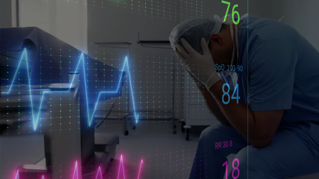 Animación de cardiógrafo sobre un médico caucásico triste sentado.