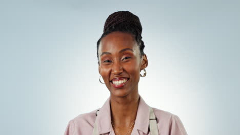 Waitress-woman,-coffee-and-face-in-studio