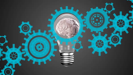 animación de engranajes, cerebro y bombilla sobre fondo oscuro