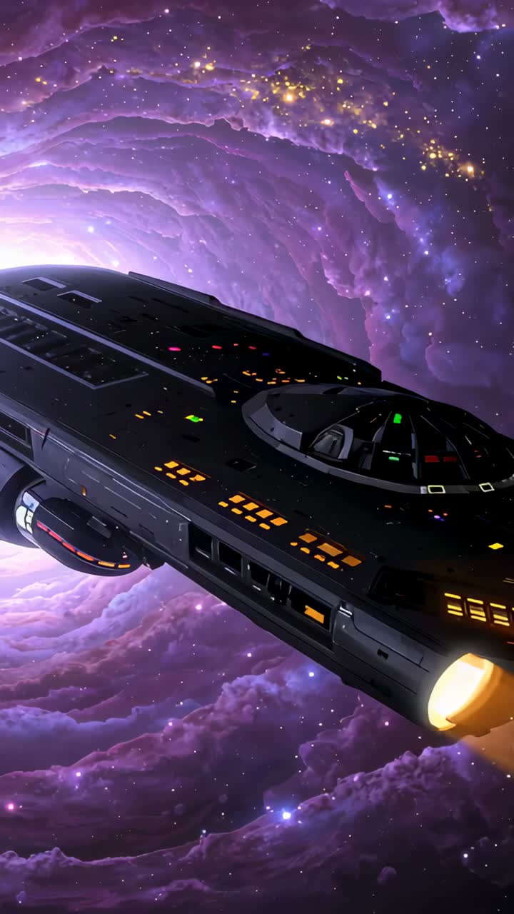 Vertical video: Engines firing, starship entering purple vortex, twin engines casting amber beams